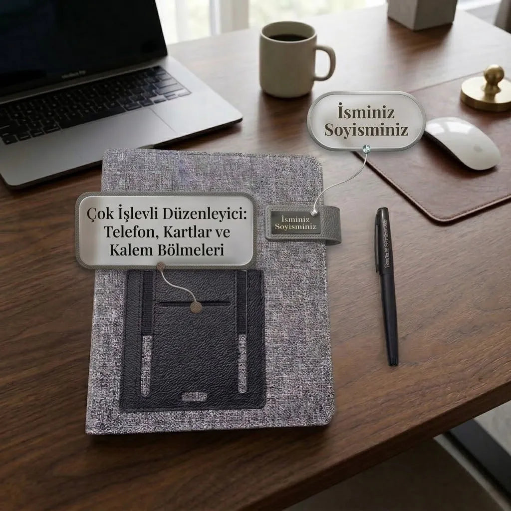 İsme Özel Telefon Tutuculu Organizer ve İmza Kalemi Seti